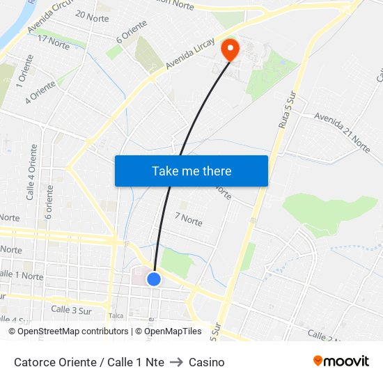 Catorce Oriente / Calle 1 Nte to Casino map