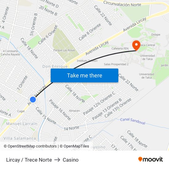 Lircay / Trece Norte to Casino map