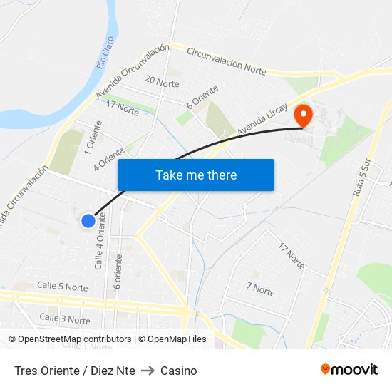 Tres Oriente / Diez Nte to Casino map