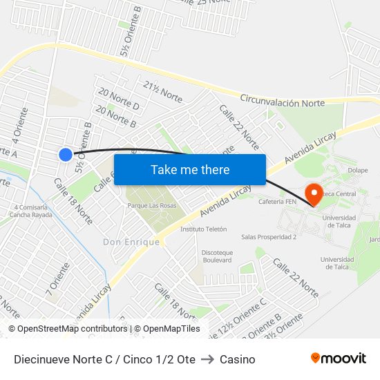 Diecinueve Norte C / Cinco 1/2 Ote to Casino map