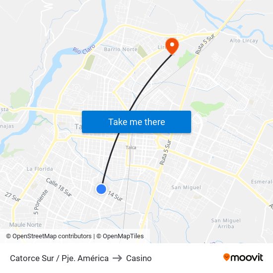 Catorce Sur / Pje. América to Casino map
