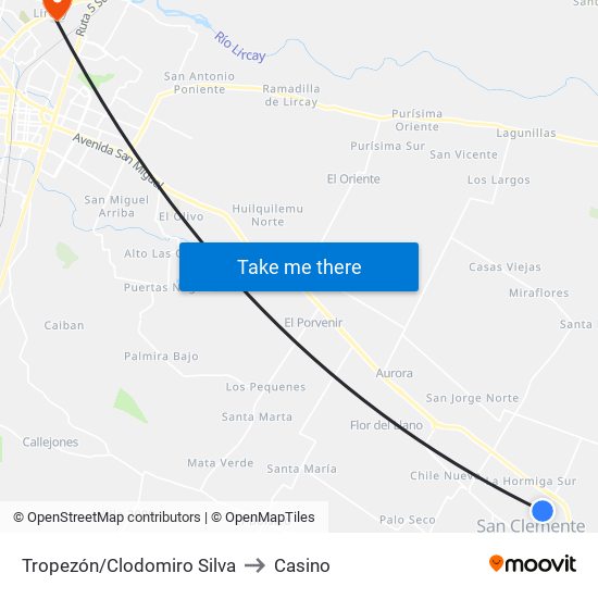 Tropezón/Clodomiro Silva to Casino map