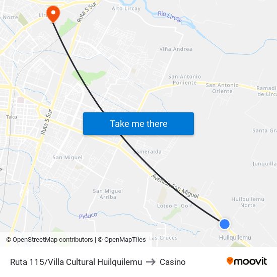 Ruta 115/Villa Cultural Huilquilemu to Casino map