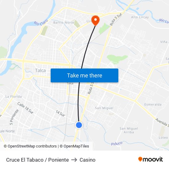 Cruce El Tabaco / Poniente to Casino map