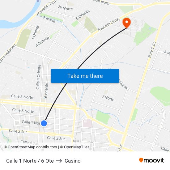 Calle 1 Norte / 6 Ote to Casino map