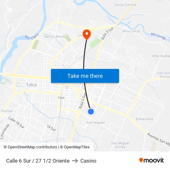 Calle 6 Sur / 27 1/2 Oriente to Casino map