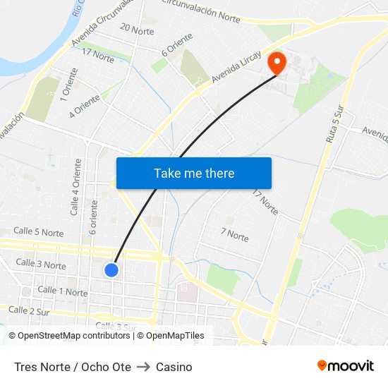 Tres Norte / Ocho Ote to Casino map