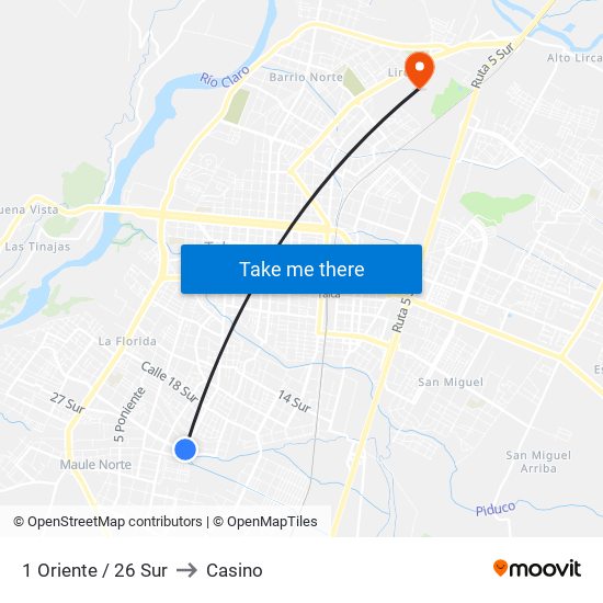 1 Oriente / 26 Sur to Casino map