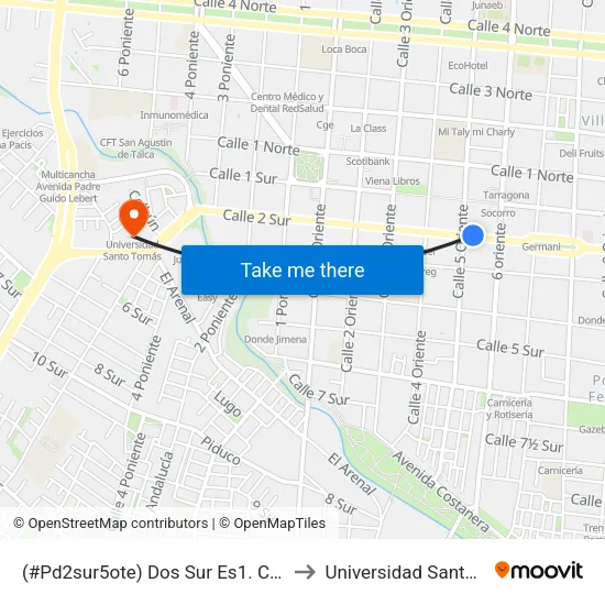 (#Pd2sur5ote) Dos Sur Es1. Cinco Oriente to Universidad Santo Tomás map
