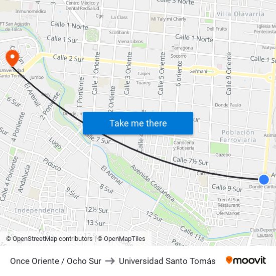Once Oriente / Ocho Sur to Universidad Santo Tomás map