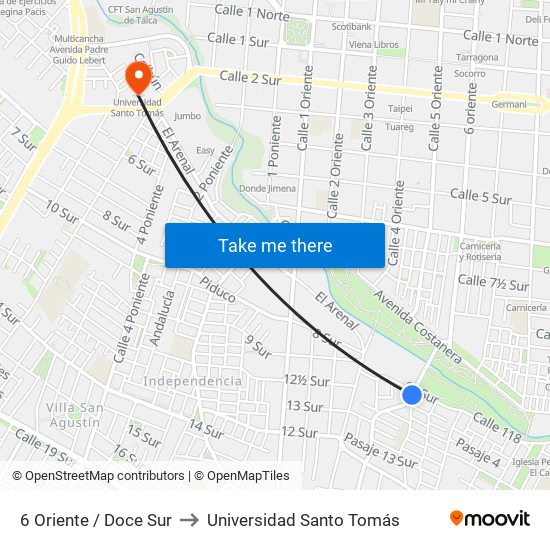 6 Oriente / Doce Sur to Universidad Santo Tomás map