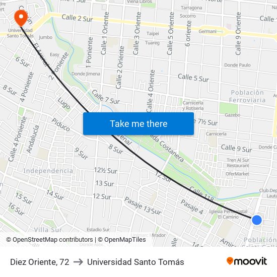 Diez Oriente, 72 to Universidad Santo Tomás map