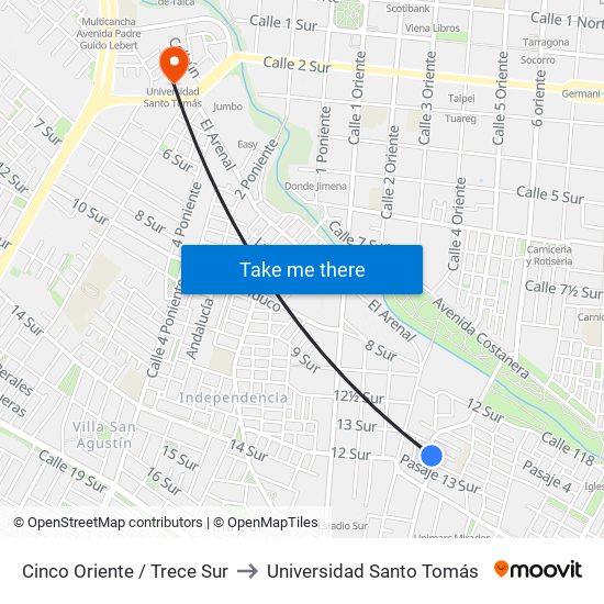Cinco Oriente / Trece Sur to Universidad Santo Tomás map
