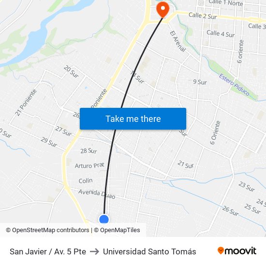 San Javier / Av. 5 Pte to Universidad Santo Tomás map