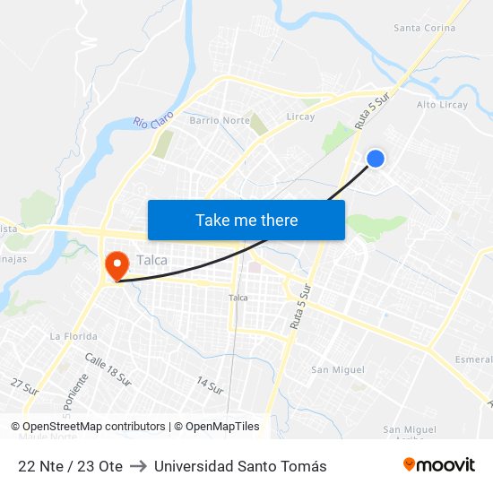 22 Nte / 23 Ote to Universidad Santo Tomás map