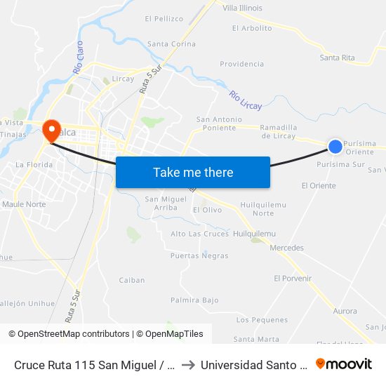 Cruce Ruta 115 San Miguel / Parada 1 to Universidad Santo Tomás map