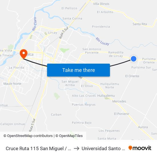 Cruce Ruta 115 San Miguel / Parada 2 to Universidad Santo Tomás map