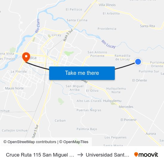 Cruce Ruta 115 San Miguel / Parada 3 to Universidad Santo Tomás map