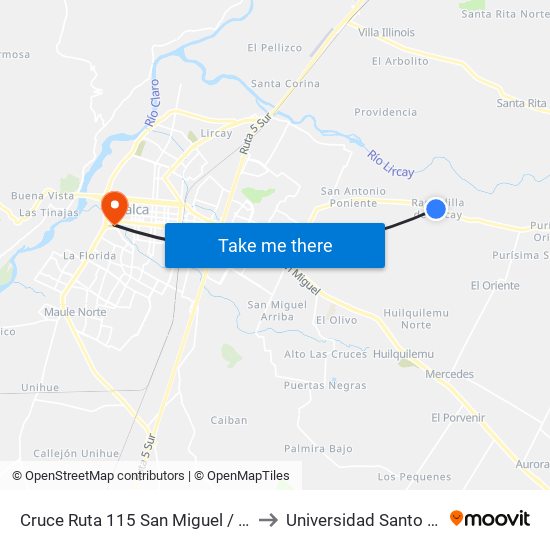 Cruce Ruta 115 San Miguel / Parada 3 to Universidad Santo Tomás map