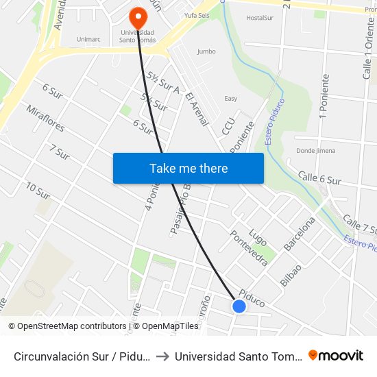 Circunvalación Sur / Piduco to Universidad Santo Tomás map