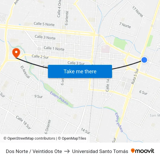 Dos Norte / Veintidos Ote to Universidad Santo Tomás map