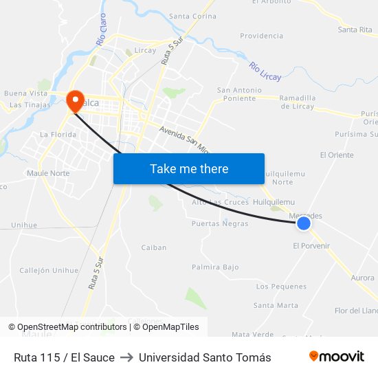 Ruta 115 / El Sauce to Universidad Santo Tomás map