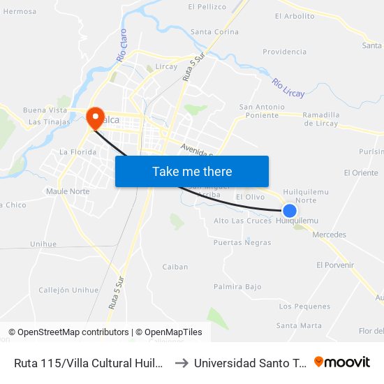 Ruta 115/Villa Cultural Huilquilemu to Universidad Santo Tomás map