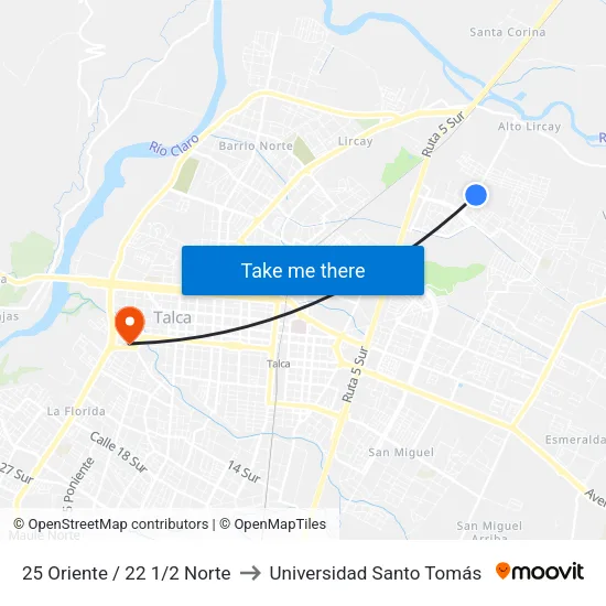 25 Oriente / 22 1/2 Norte to Universidad Santo Tomás map