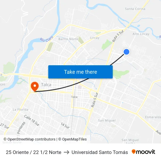 25 Oriente / 22 1/2 Norte to Universidad Santo Tomás map