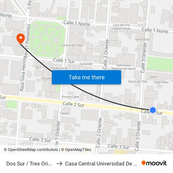Dos Sur / Tres Oriente to Casa Central Universidad De Talca map