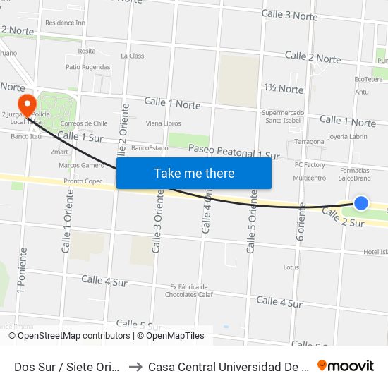 Dos Sur / Siete Oriente to Casa Central Universidad De Talca map
