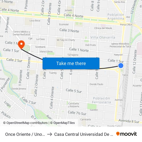 Once Oriente / Uno Sur to Casa Central Universidad De Talca map