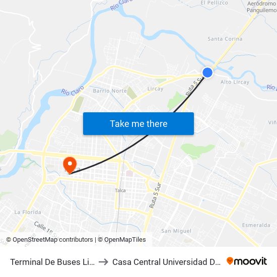 Terminal De Buses Linea 5 to Casa Central Universidad De Talca map