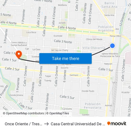 Once Oriente / Tres Nte to Casa Central Universidad De Talca map
