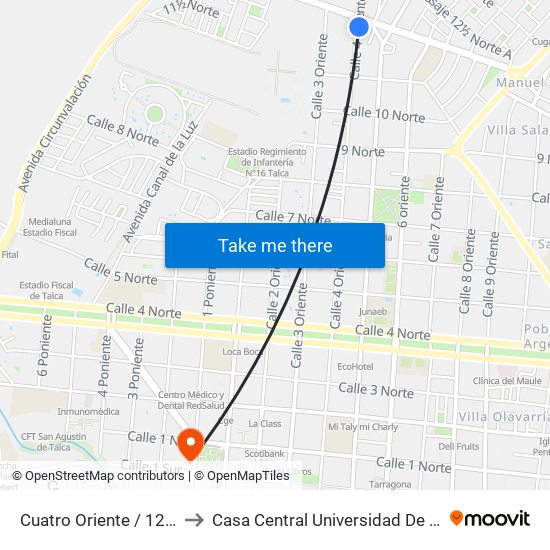 Cuatro Oriente / 12 Nte to Casa Central Universidad De Talca map