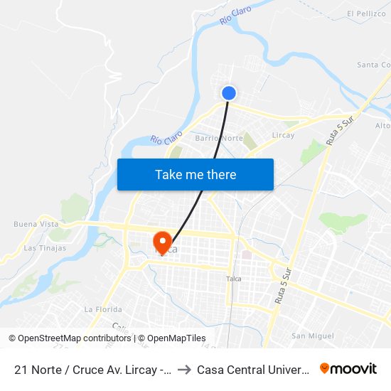 21 Norte / Cruce Av. Lircay - Av Circunvalación to Casa Central Universidad De Talca map
