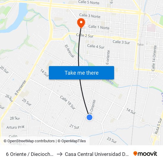 6 Oriente / Dieciocho Sur to Casa Central Universidad De Talca map