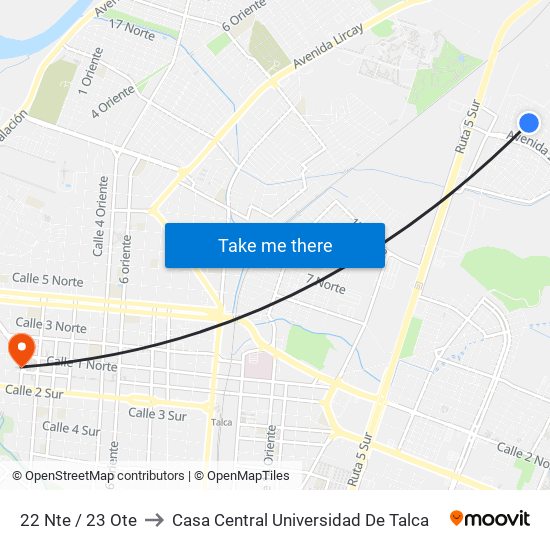 22 Nte / 23 Ote to Casa Central Universidad De Talca map