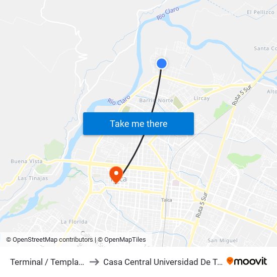 Terminal / Templanza to Casa Central Universidad De Talca map