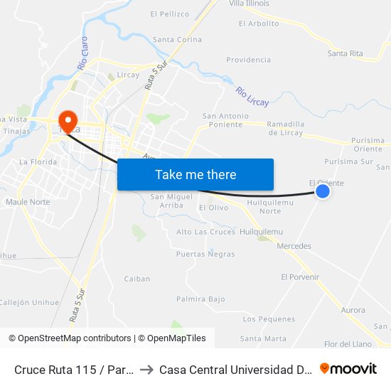 Cruce Ruta 115 / Parada 1 to Casa Central Universidad De Talca map