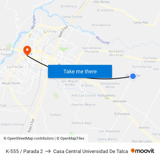 K-555 / Parada 2 to Casa Central Universidad De Talca map