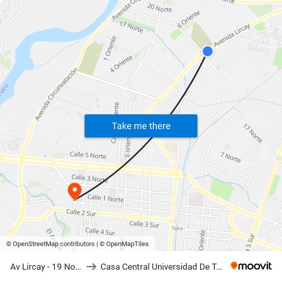 Av Lircay - 19 Norte to Casa Central Universidad De Talca map