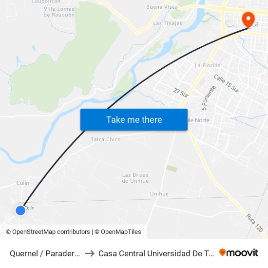 Quernel / Paradero 3 to Casa Central Universidad De Talca map