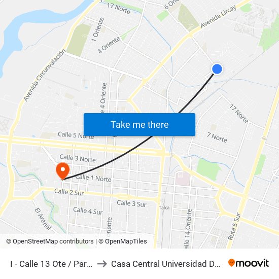I - Calle 13 Ote / Parada I to Casa Central Universidad De Talca map