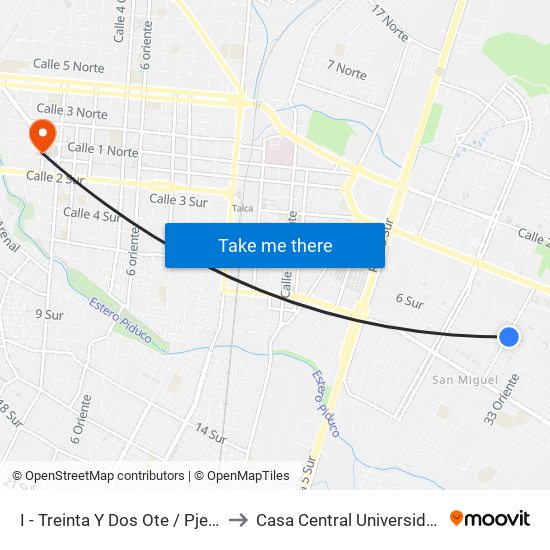 I - Treinta Y Dos Ote / Pje Cinco Sur B to Casa Central Universidad De Talca map