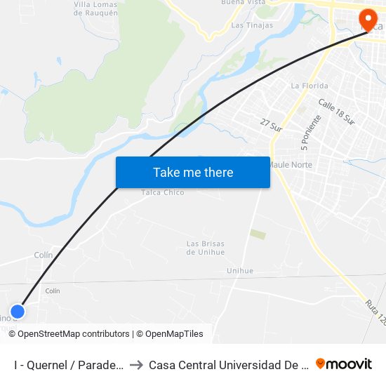 I - Quernel / Paradero 1 to Casa Central Universidad De Talca map