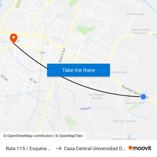 Ruta 115 / Esquina Mocha to Casa Central Universidad De Talca map