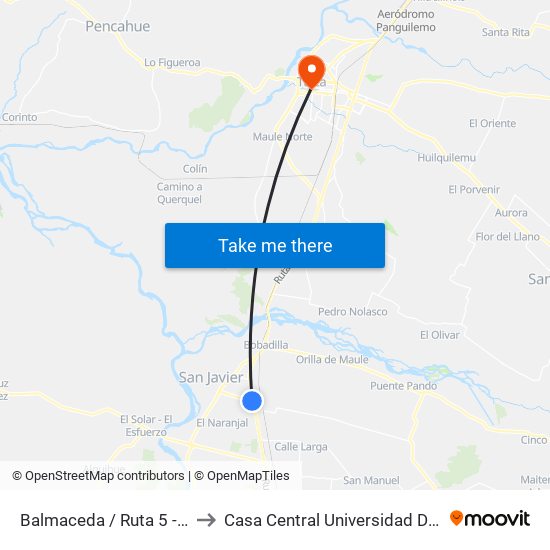 Balmaceda / Ruta 5 -Norte to Casa Central Universidad De Talca map