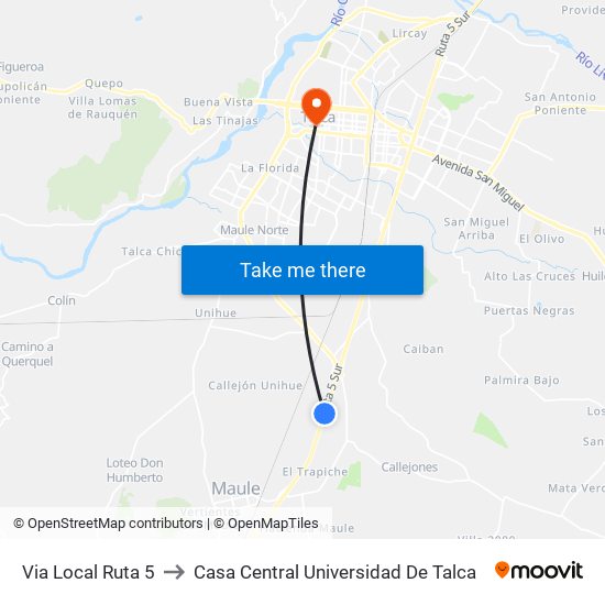 Via Local Ruta 5 to Casa Central Universidad De Talca map