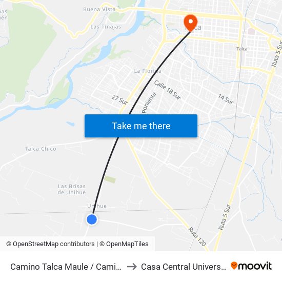 Camino Talca Maule / Camino Viejo A Unihue to Casa Central Universidad De Talca map